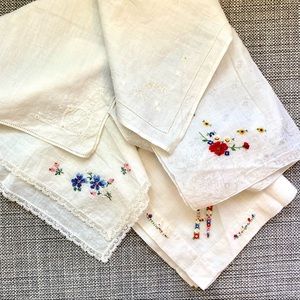 Vintage Textiles Lot: 5 Embroidered Handkerchiefs